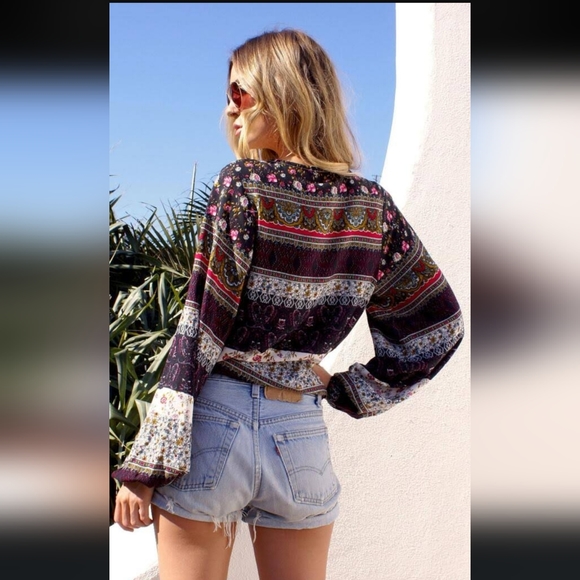 Unbranded~Purple Colorful Floral Tie Neck Long Sleeve Patchwork Peasant Blouse - Picture 2 of 9